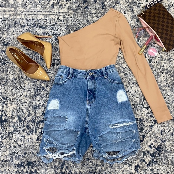 Missguided Pants - Distressed High Waisted Long Length Jeans Shorts